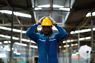 Wall Mural - African American Engineer Disappointed with factory machinery. Problems in working with industrial machines in factories. industrial worker life concept conflict at work