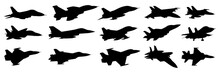 Jet Fighter Army Plane Silhouettes Set, Large Pack Of Vector Silhouette Design, Isolated White Background