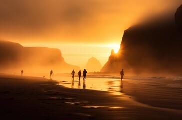 Wall Mural - People walking on the beach at sunset. AI