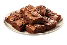 Delicious Brownies In A Plate Isolated On Transparent Background. Generative Ai