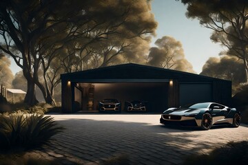 A harmonious blend of modernity and nature in an exterior view of a garage.