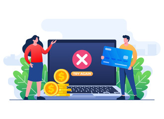  Payment error info message on laptop screen flat illustration vector template, Cashless NFC payment failed, Online transaction canceled, Online payment payment gateway app