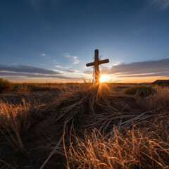 Wall Mural - Low angle Silhouette of christian cross on a hill. Sunset, golden hour. Religion concept.Low angle Silhouette of Christian cross on a hill. Sunset, golden hour. Religion concept.