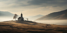 Wide Angle View Of Church In Remote Hills. Religion Concept.