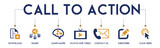 Fototapeta  - Call to action banner website icon vector illustration concept with icon of download, share, learn more, watch our video, contact us, subscribe, and click here on white background