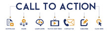 Call To Action Banner Website Icon Vector Illustration Concept With Icon Of Download, Share, Learn More, Watch Our Video, Contact Us, Subscribe, And Click Here On White Background