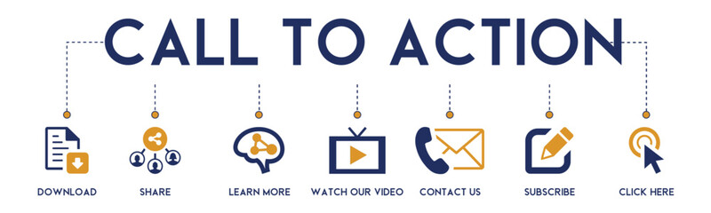 Call to action banner website icon vector illustration concept with icon of download, share, learn more, watch our video, contact us, subscribe, and click here on white background