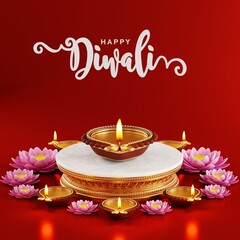 Wall Mural - 3D rendering for diwali festival Diwali, Deepavali or Dipavali the festival of lights india with gold diya patterned on color Background.