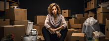 Dismissed woman sits among cardboard boxes of her belongings. Depressed woman in the process of moving.