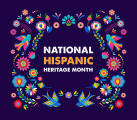 Wall Mural - Hispanic heritage month. Vector web banner, poster, card for social media, networks. Greeting with national Hispanic heritage month text, flowers on floral pattern background