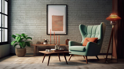 Wall Mural - Interior design of scandinavian living room with frames. Wing chair near rustic wooden coffee table. Interior Furniture. Generative Ai