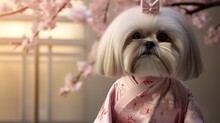 A Cute Dog Wearing Pink Silk Kimono