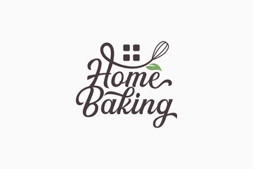 Sticker - home baking logo with a combination of whisk, window, leaves and beautiful lettering for cafe, homemade bakery, etc.