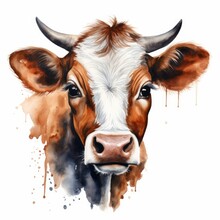 Watercolor Cow Face Isolated On White Background