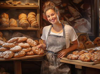 Wall Mural - woman with pastry trays and different breads and fresh bread