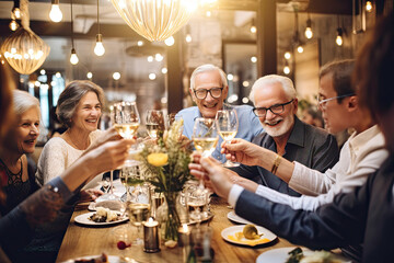 Sticker - A group of friends gathers at a restaurant for dinner, enjoying food, wine, and each other's company.