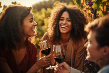 Wall Mural - a group of friends drinking wine on a vineyard at sunset