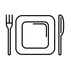 Simple outline of plate and cutlery top view vector icon. Black line drawing or cartoon illustration of fork, knife and square plate on white background. Food, cooking, tableware concept