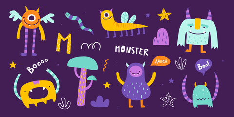 Wall Mural - set of cute doodle monsters. vector collection of friendly beasts for kids. cartoon monsters sticker
