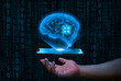 © Kal El BSF - one hand hold smart phone with holographic futuristic circle shining human brain. artificial intelligence concept.