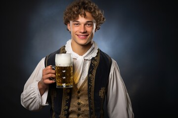 a studio photo of a cheerful young caucasian man wearing traditional german national attire tracht and holding a mass glass of beer, smiling into the camera. medieval look