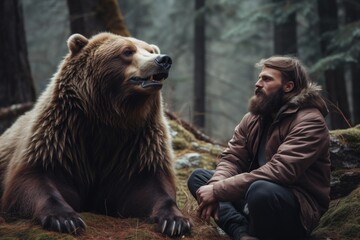 Wall Mural - Man Sitting Next to Bear in Forest