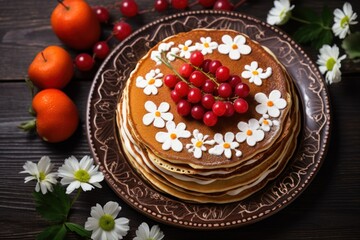 Wall Mural - Pancakes with Cherries on a Plate