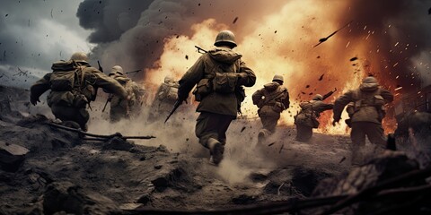 Soldiers running across the battlefield. Explosions in the background.