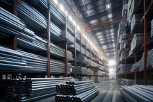 Stack Of Steel Pipe On Warehouse Shelf, Iron Metal Pipes In Construction Supply Stores