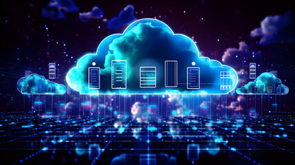 Digital informational technology web futuristic hologram with cloud icon, blue golden light digits and code background, cloud computing. Abstract Motion of digital data flow.