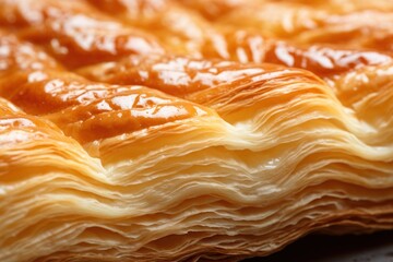 Puff pastry texture close up. Sweet bake macro view. Tasty french bun, generated by AI