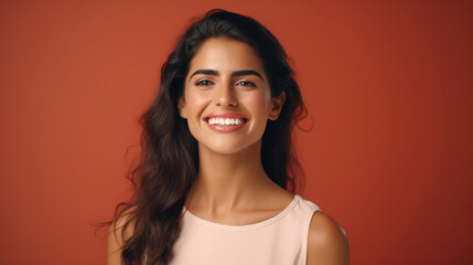 Captivating Portrait of a Charming Hispanic Woman with a Radiant Smile, Showcasing Her Gleaming White Teeth Against an Isolated Pastel Red Wall Background.