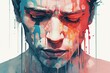 © Nutcha - Water color painting concept depiction of a person's face  in sad, highlighting the emotional impact of the emotion, illustration Generative AI
