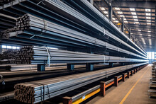 Metal Profile Steel Bar In Packs At The Warehouse Of Metal Products