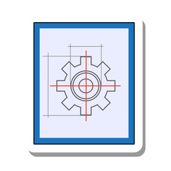 Poster - Plan drawing of gear scheme flat paper sticker icon. Equipment and spare parts project for turning future mechanism on machine isolated on white background. Car repair shop, machinery concept