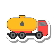 Poster - Tanker truck for transporting fuel flat paper sticker icon. Construction vehicle equipment with flammable liquids isolated on white background. Transportation, shipping, car repair concept