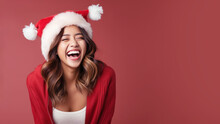 Asian Woman Smile In Santa Claus Red Hat, Christmas Background Design