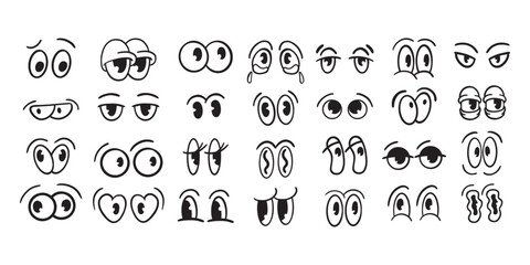 Vintage cartoon eye set, vector retro comic funny character cute face expression element, eyebrow. Surprise 30s mascot doodle icon kit, round emotion eyeball clipart. Cartoon eye caricature collection