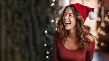 Brunette Woman Smile In Santa Claus Red Hat, Christmas Background Design