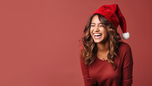Indian Woman Smile In Santa Claus Red Hat, Christmas Background Design