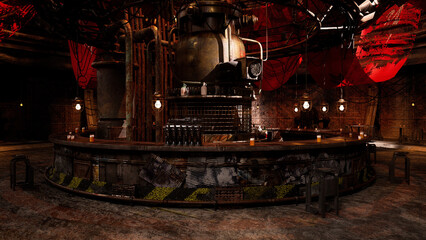 Wall Mural - dark grungy dystopian future drinking bar on a fantasy alien planet. 3d rendering..