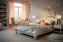 Cozy Funky Luxurious Interior Design Of A Spacious Bedroom With King Size Bed, Colorful Walls And Textiles, Patter Carpet, Bright Decorative Elements And Paintings. Ethno-inspired Style