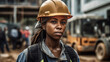 © ADDICTIVE STOCK - Generative AI image portrait of black female construction worker in overall helmet near site with building work and looking at camera