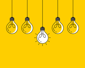 bright idea concept with light bulb hanging on yellow background. vector illustration in flat design. Think different creativity. business invention symbol.