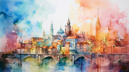 Wall Mural - panorama of the town , watercolor illustration 