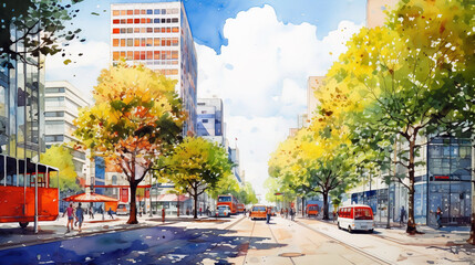 street in the city , watercolor cityscape 