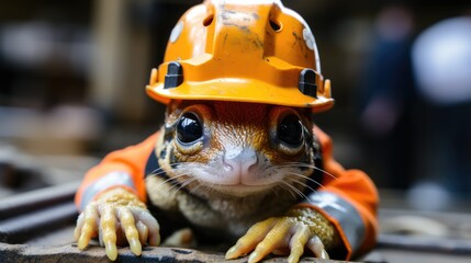 Canvas Print - A srange creature wearing an orange hard hat, AI