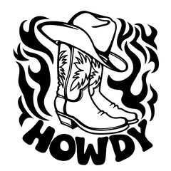 Sticker - Cowboy boots and hat printable graphic illustration isolated on white for design. Vector outline illustration of Rodeo clothes for cowboys