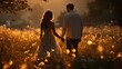 Happy happiness marry couple lover young couple having fun Couple holding hands on a golden field in wheat field sunset summertime joyful moment