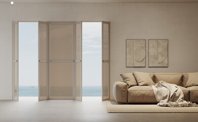 Wall Mural - 3d rendering of modern living room with beige sofa and carpet on concret floor. Frame mockup. Panoramic sea view. Beige abstract wave texture. Italian style wooden shutters on windows